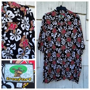 Treefort Maryland Terrapins Hawaiian Shirt Men's L Black Red White Floral Mascot